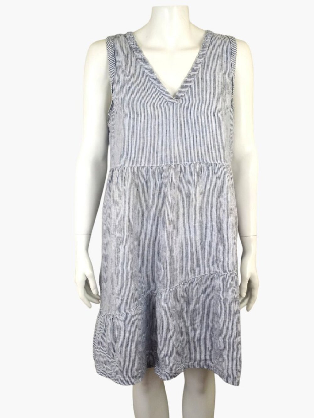Lucky Brand Linen Blue White Nautical Striped V-Neck Sleeveless Tiered Dress M